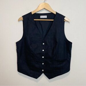 Hobemty Classic Black Button-Front V Neck Linen Vest Chic Size XL